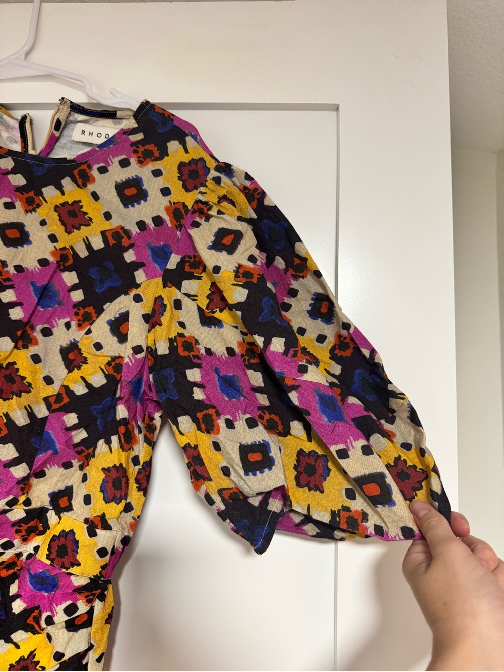RHODE Multicolor Geometric Puff-Sleeve Mini Dress in Pink, Yellow & Blue - Picture 5 of 8